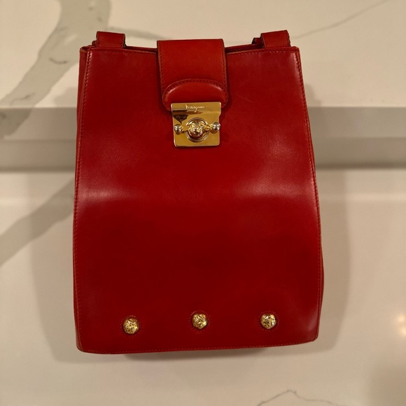 AUTH Authentic Salvatore Ferragamo Leather Handbag Shoulder Bag Tote Red - Picture 2 of 16